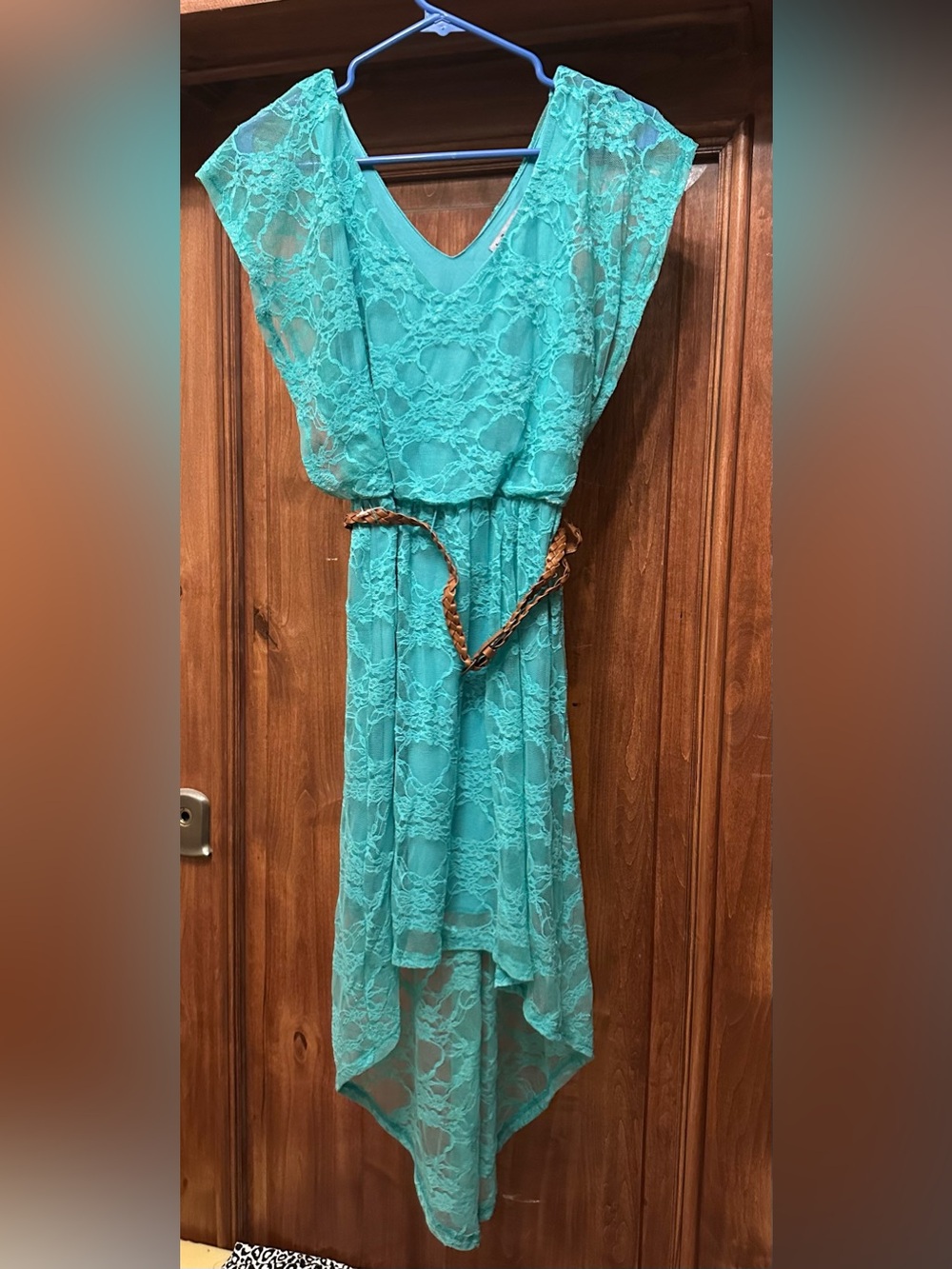 Turquoise Lace High-Low Dress with Braided Belt